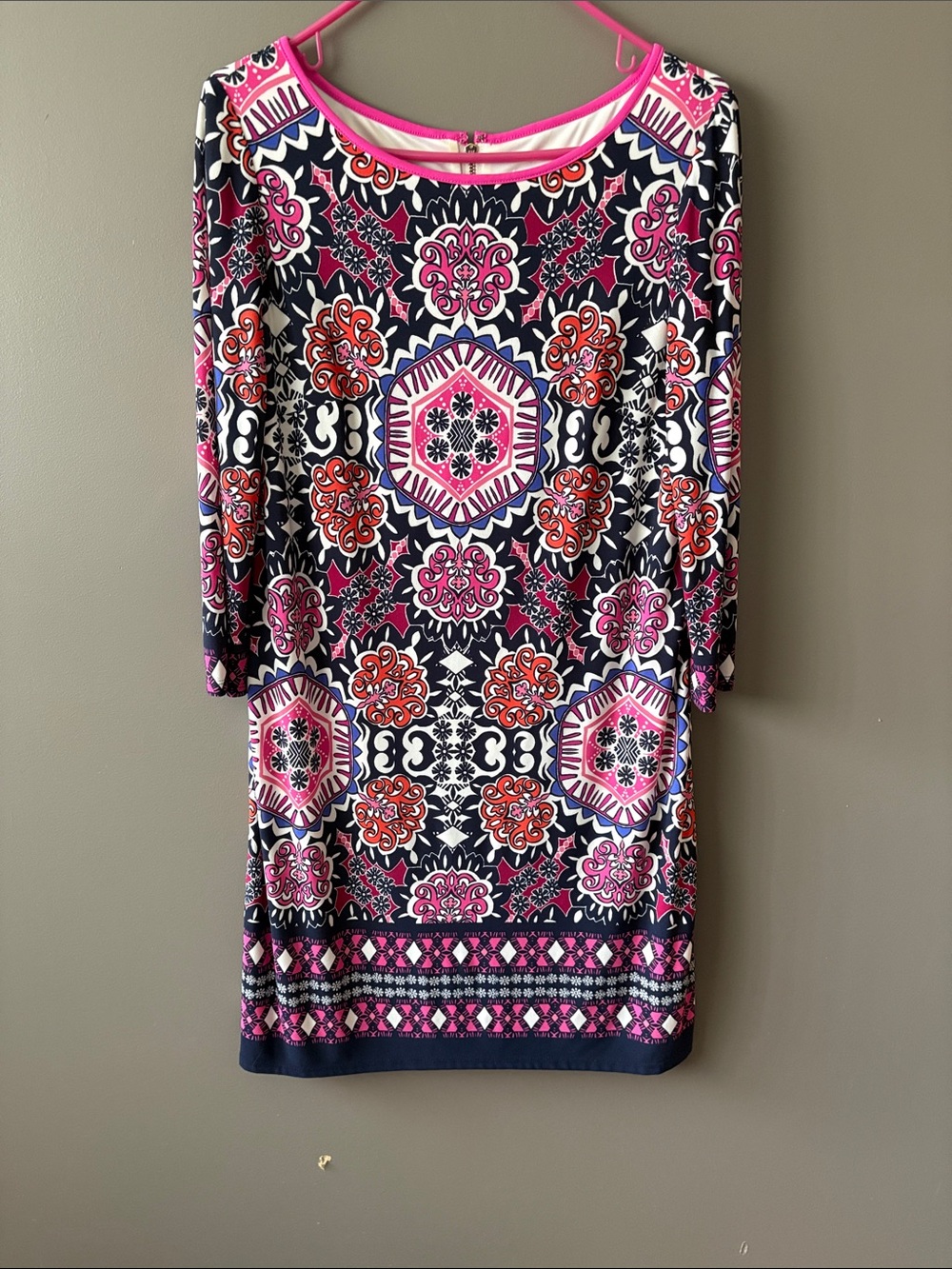 Eliza J Navy Dress with Pink & Orange Medallion Print